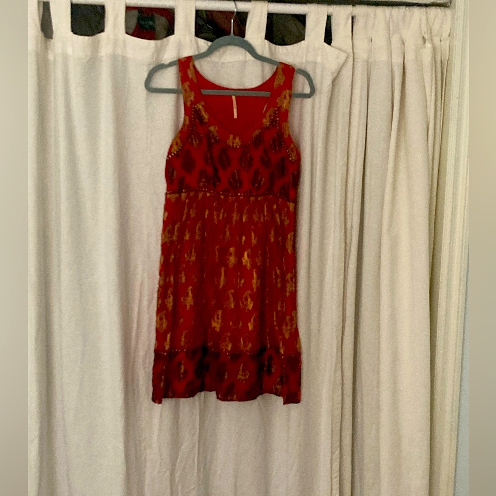 Size 4 red and gold printed mini dress